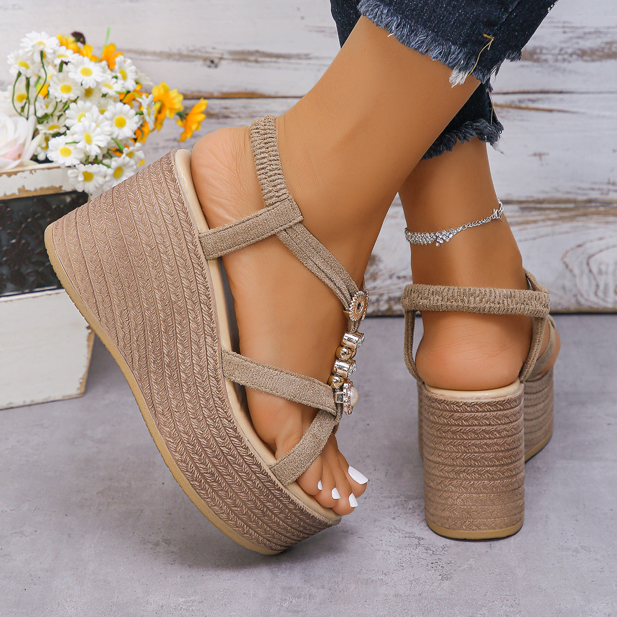 Handmade Beaded Middle Platform Heel Wedges Open Toe