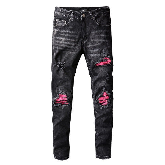 Men's New American High Street Hole Patch Pants Slim Fit Skinny