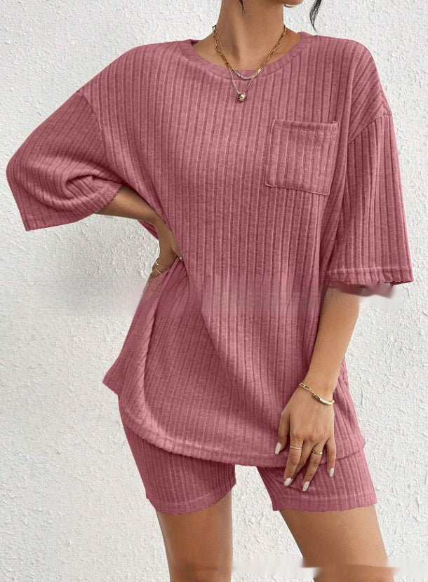 Women's Fashion Rib Knitted Home Clothes 2-piece Romper Set