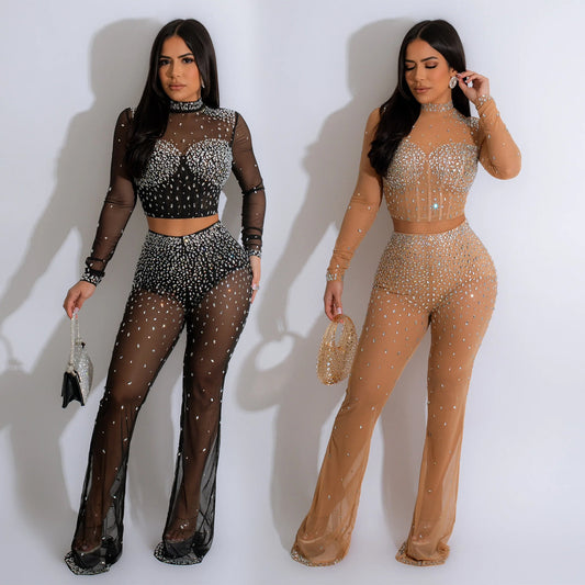 Women's Pure Color Mesh Rhinestone Bodysuit Romper Long-sleeved Trousers Two-piece Set