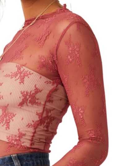 Lace Mock Neck Long Sleeve Blouse - Munsieur