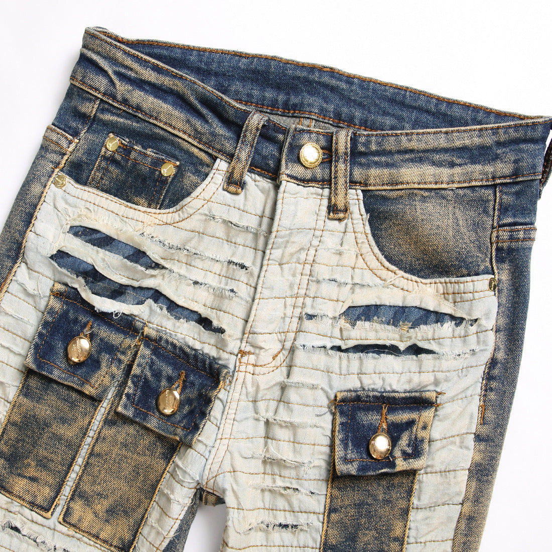 Men's Spliced Cut-off Multi-pocket Trendy Slim Fit Mid-rise Pants