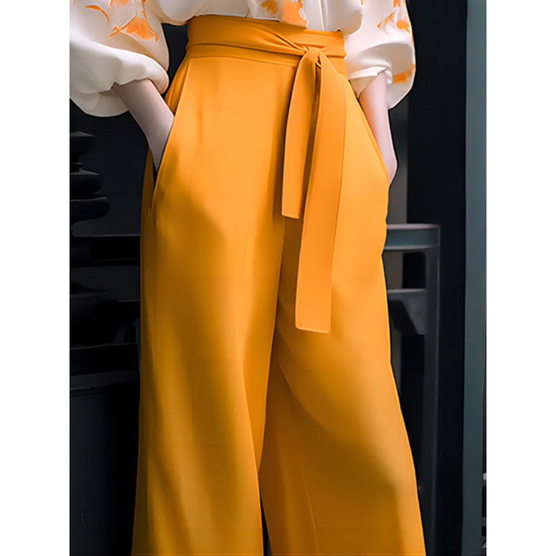 Women's Fashionable Retro High-end Slimming Wear Flab Hiding Blouse Wide-leg Bodysuit Two-piece Set Women