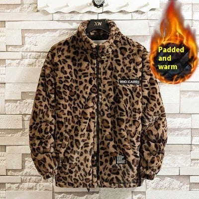 Autumn Winter Coat for Men's Vintage Leopard Print Harajuku Hip Hop Style Loose