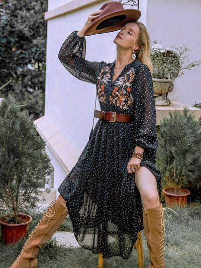 Embroidered Polka Dot Tie Neck Long Sleeve Midi Dress - Munsieur