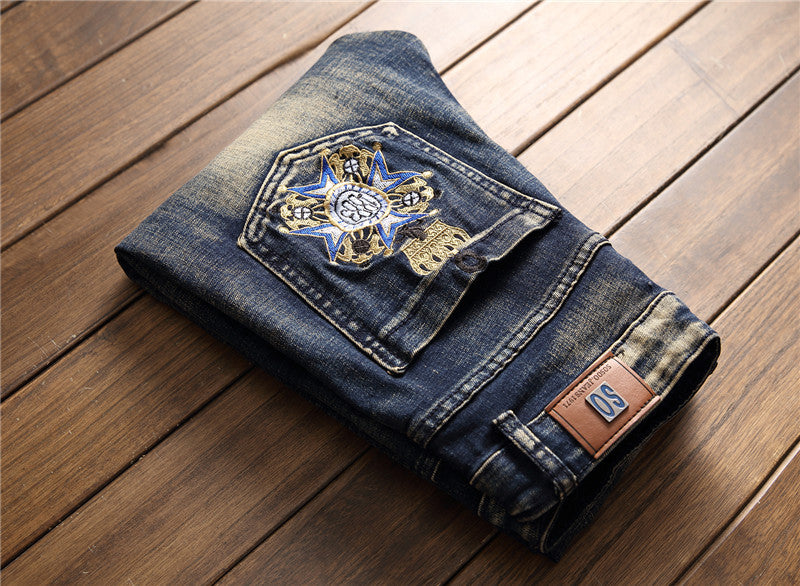 Fashion Retro Embroidery Ripped Pants