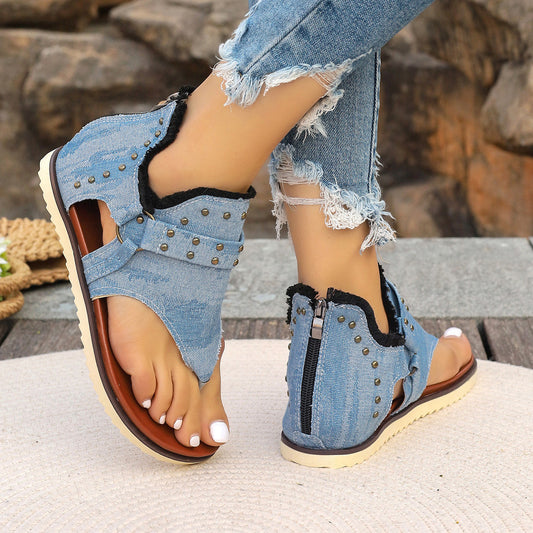 Women's Denim Sandals With Rear Zipper Summer Retro Beach Flats