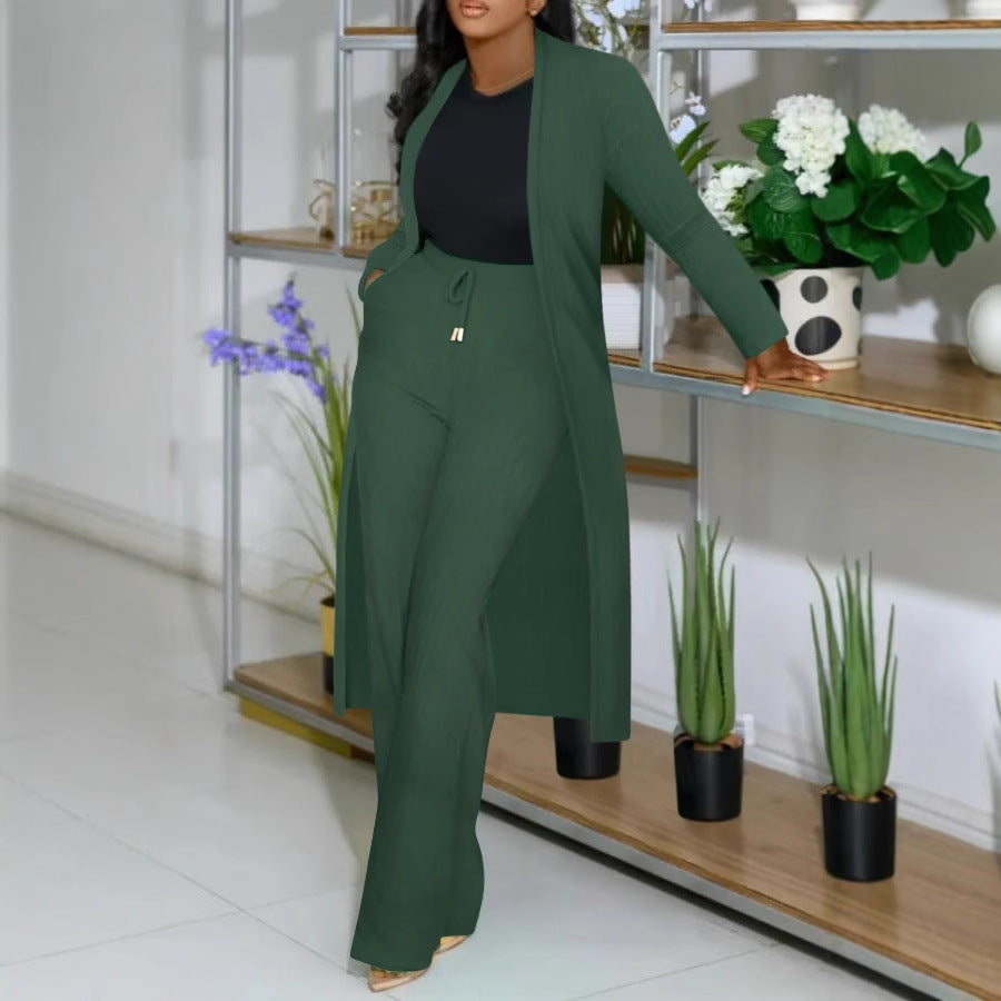 Women's Long Cardigan Jacket Sunken Business suit Stripe Wide Leg Two-piece Set