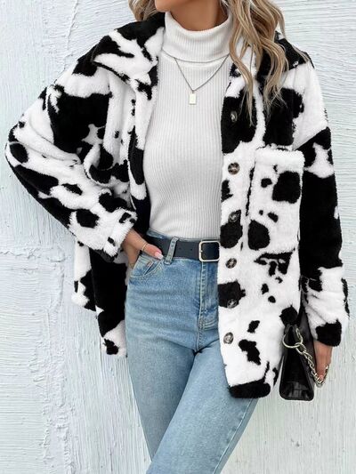 Cow Print Collared Button Up Fuzzy Jacket - Munsieur