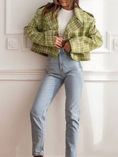 Lapel Collar Plaid Cropped Jacket - Munsieur