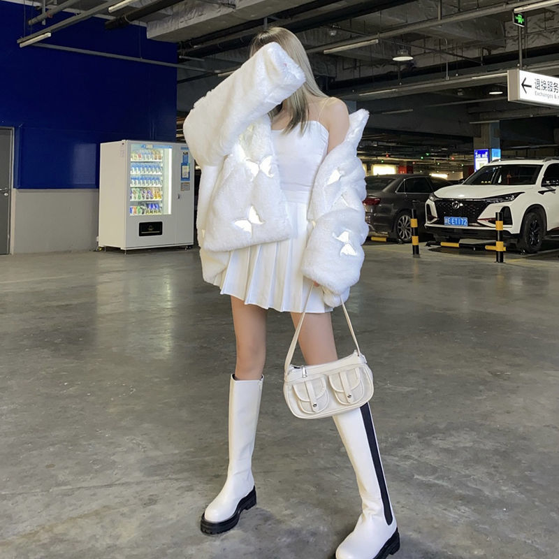 Women's Casual Loose Plush Reflective Faux Leather Jacket