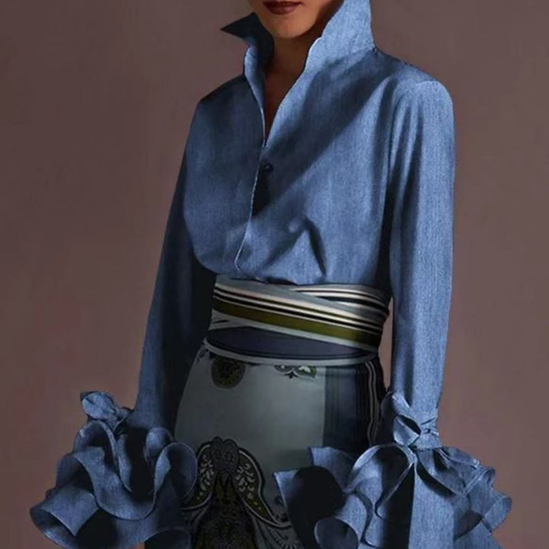 Women's Ruffled Flared Sleeve Pleated Long Sleeve Blouse