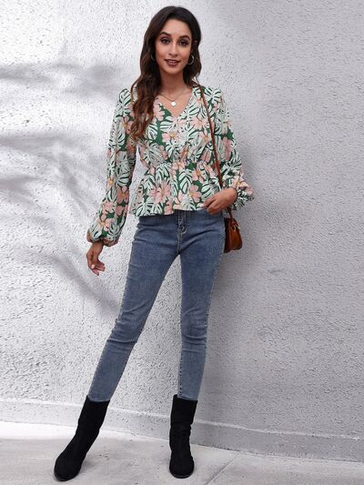 Floral V-Neck Balloon Sleeve Peplum Blouse - Munsieur