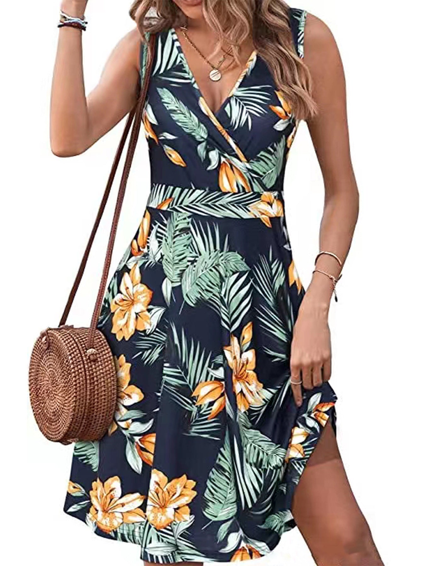 Elegant Sleeveless Printed Pocket Dress Women's