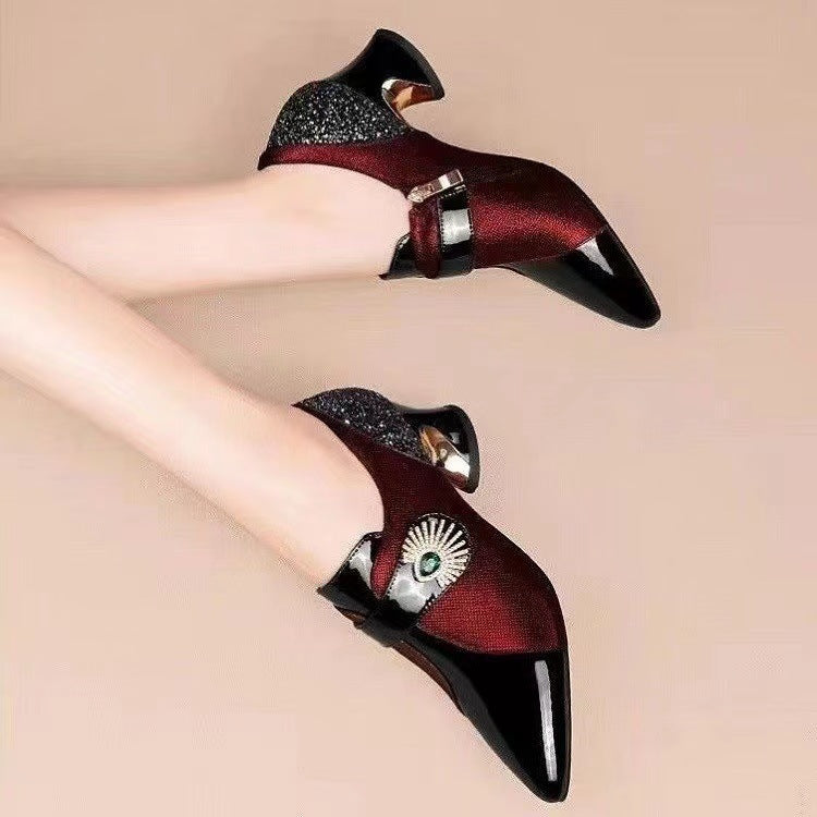 Women's Fashion Rhinestone Soft Leather Mid Heel Deep Mouth Pumps