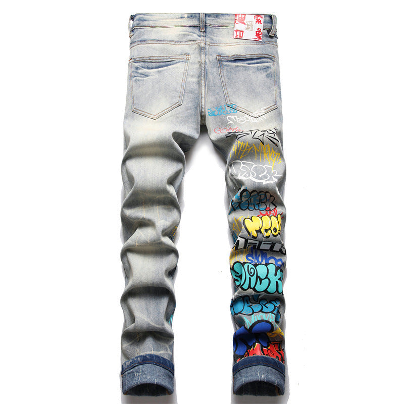 Punk Trendy Retro Blue Ripped Slim-fit Men's Pants