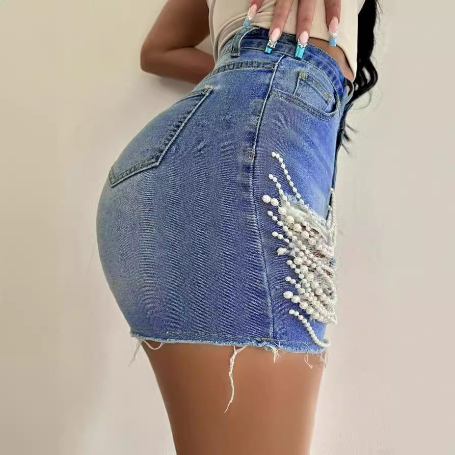 Women's Denim Bottoms High Waist Slimming Bottoms Hand-Made Ripped Bottoms