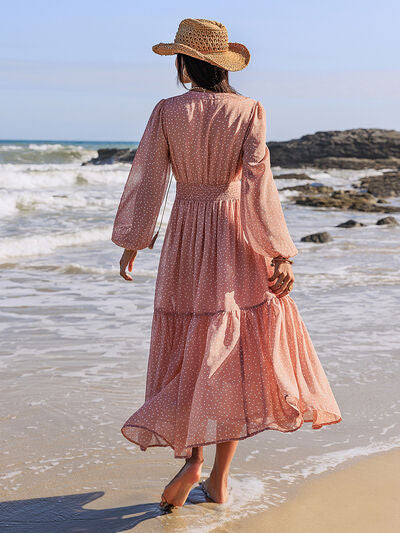 Embroidered Polka Dot Tie Neck Long Sleeve Midi Dress - Munsieur