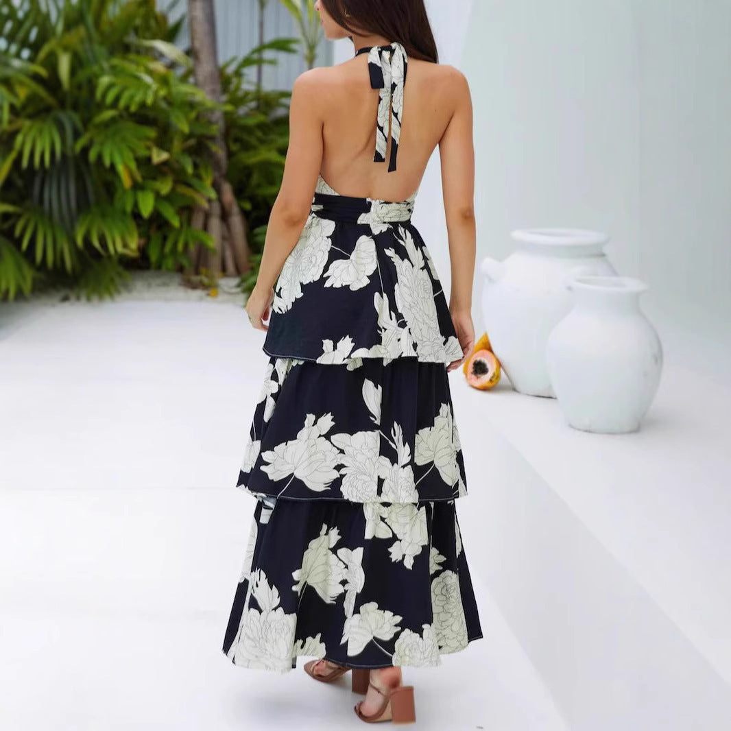 Women's Sexy Print Cake Dress Lace-up Long Dress