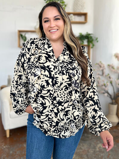 Double Take Full Size Printed Ruffle Trim Balloon Sleeve Shirt - Munsieur