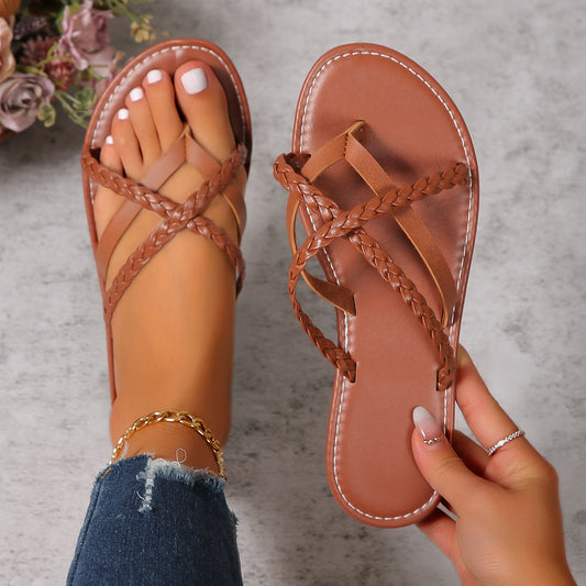 Cross-woven Design Sandals Summer Flats Casual Vacation Beach Slippers
