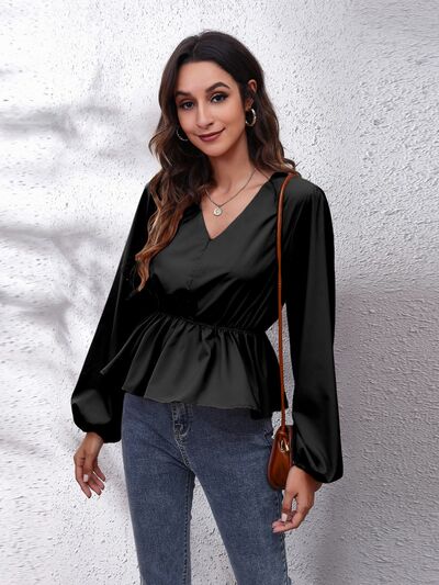 V-Neck Balloon Sleeve Peplum Blouse - Munsieur