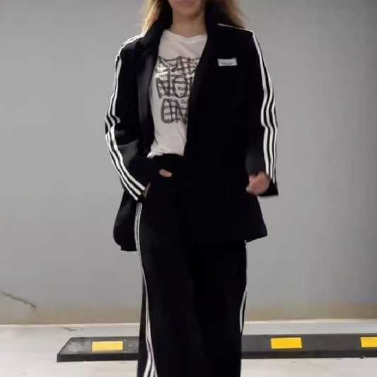 Women's 2pc Tracksuit Activewear Leggings + Jacket Loose Long-sleeved Ribbon Stitching
