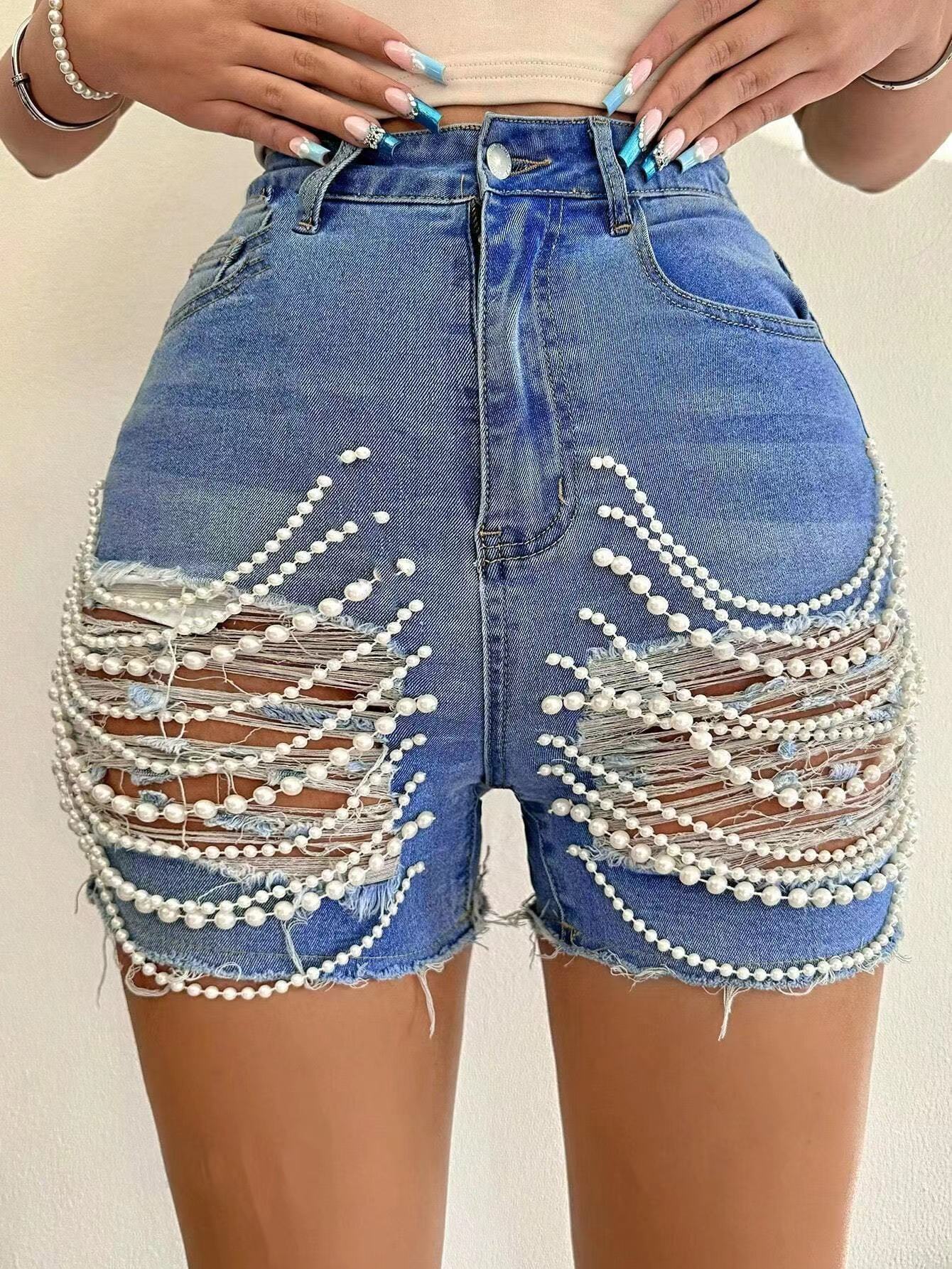 Women's Denim Bottoms High Waist Slimming Bottoms Hand-Made Ripped Bottoms