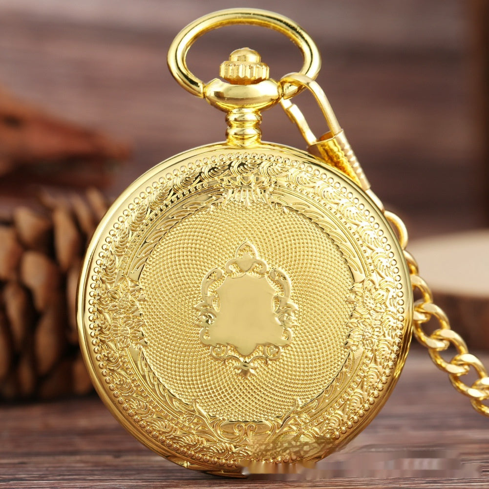 Gold Double-sided Carved Shield Manual Manipulator Pocket Watch
