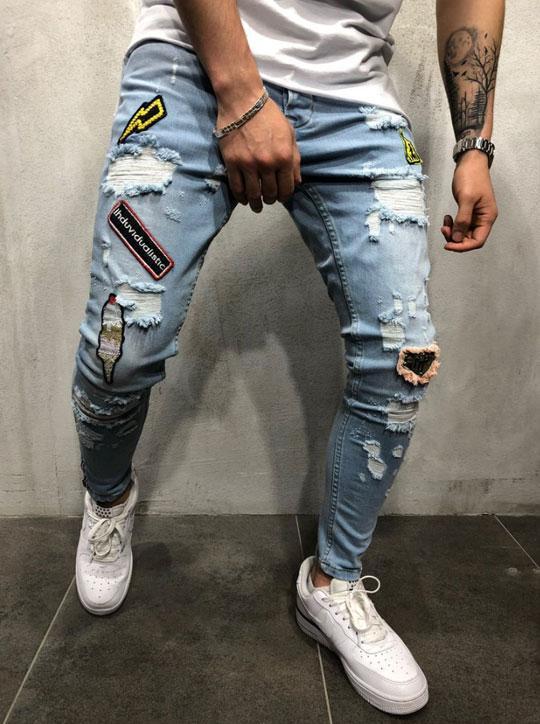 Blue Ripped Logo Pants