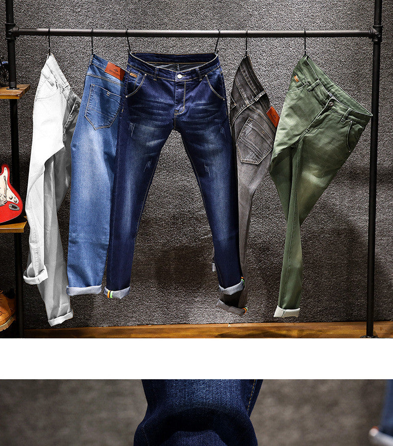 Slim Fit Stretch Small Straight Stone-Washed Solid Color Pants for Men