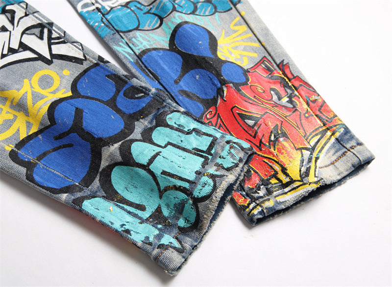 Punk Trendy Retro Blue Ripped Slim-fit Men's Pants