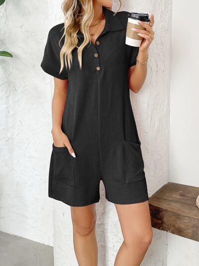 Button Detail Collared Neck Short Sleeve Romper - Munsieur