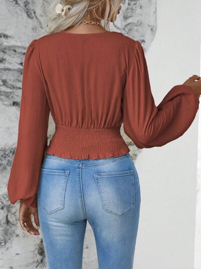 Smocked Surplice Balloon Sleeve Top - Munsieur