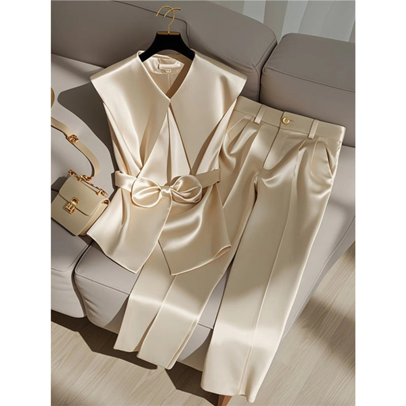 Women's Western Style Fashionable Champagne Blouse and Trousers Set