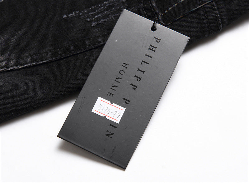 Men's Black Slim-fit Skull Ripped High Street Casual Pants