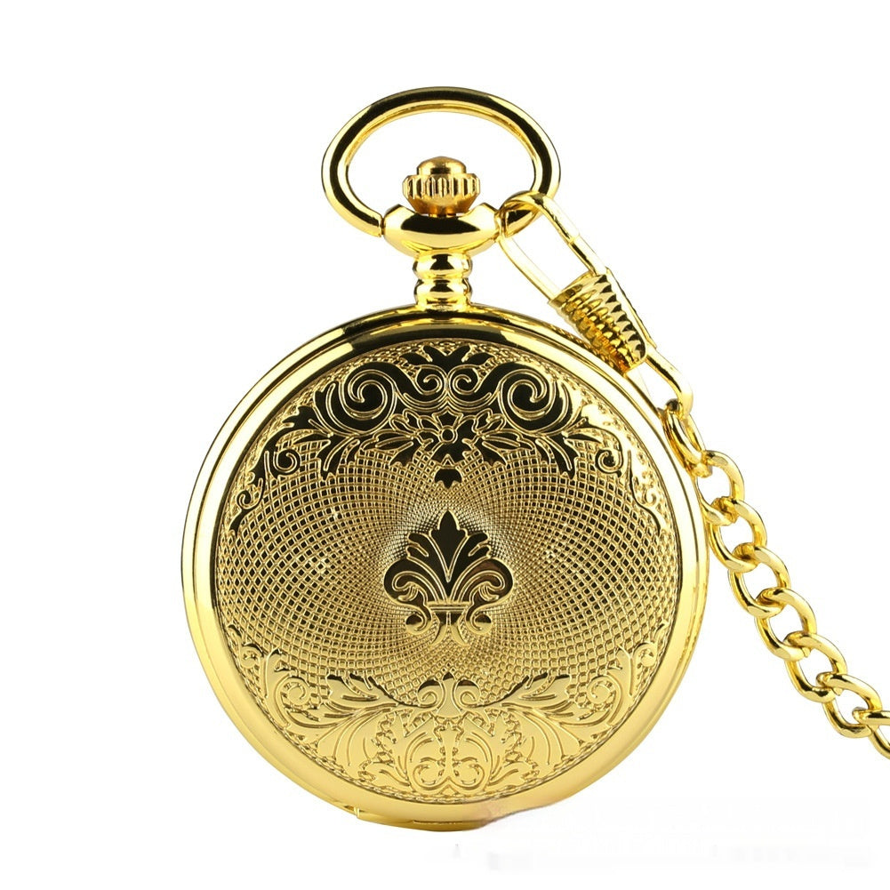 Gold Double-sided Carved Shield Manual Manipulator Pocket Watch