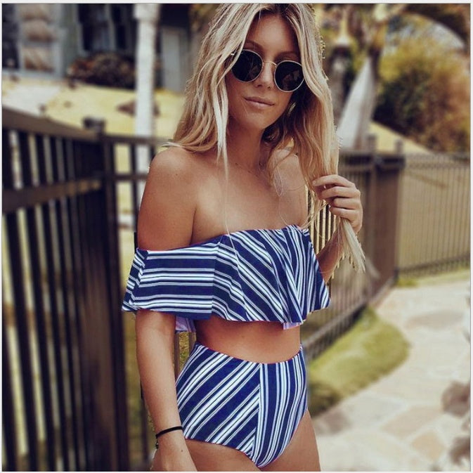 Sexy White Black Striped High Waist Biquini Ruffled Swim Bathing Suit Swimsuit Swimwear Women's Off Shoulder Bikini