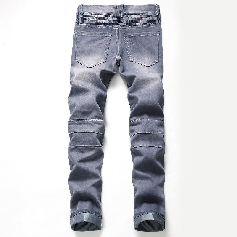 Nostalgic Ripped Motorcycle Pants Straight Personality