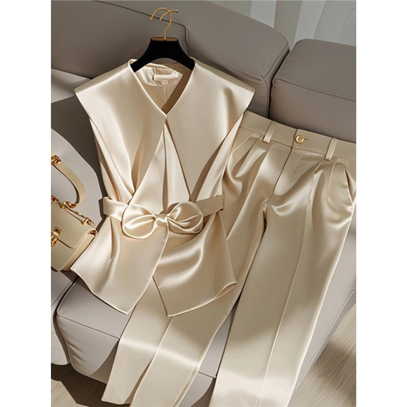Women's Western Style Fashionable Champagne Blouse and Trousers Set