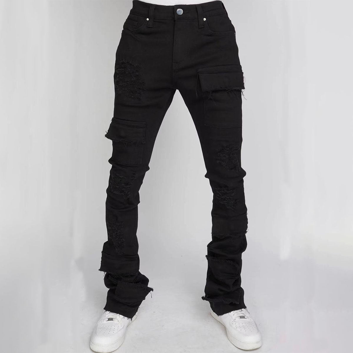 Men's Denim Straight-leg American Fashion Stretch Ripped Laminated Micro-pull Pants