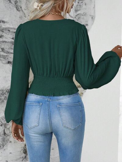 Smocked Surplice Balloon Sleeve Top - Munsieur