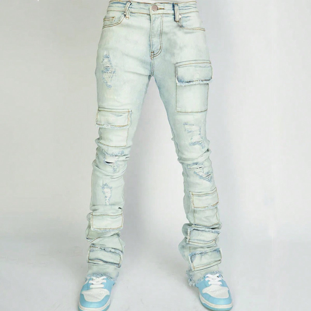 Men's Denim Straight-leg American Fashion Stretch Ripped Laminated Micro-pull Pants