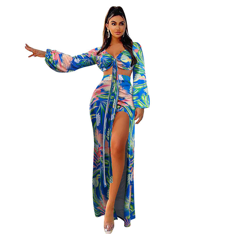 Women's Split Swimsuit Custom Design Printed Long Sleeve Bikini