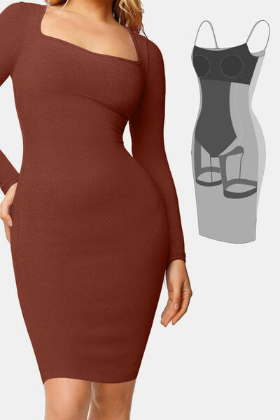 Full Size Built-In Shapewear Square Neck Long Sleeve Dress - Munsieur