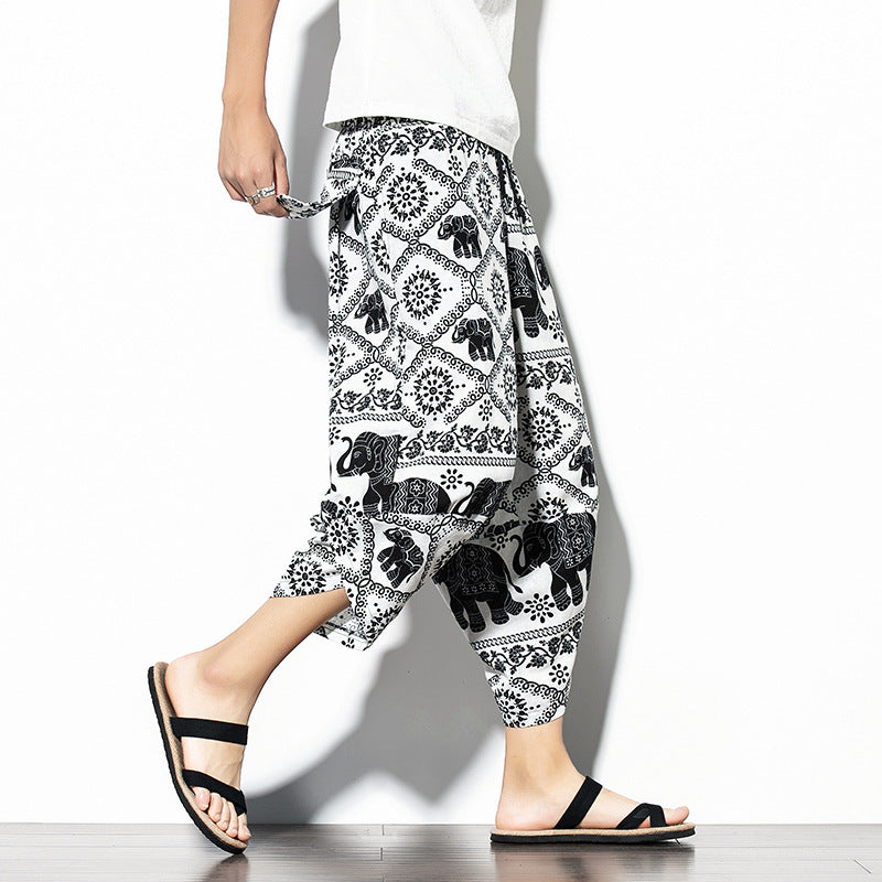 Men's Printed Asian Style Cotton And Linen Loose Joggers