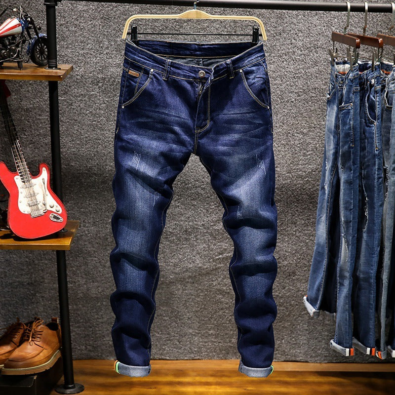 Slim Fit Stretch Small Straight Stone-Washed Solid Color Pants for Men