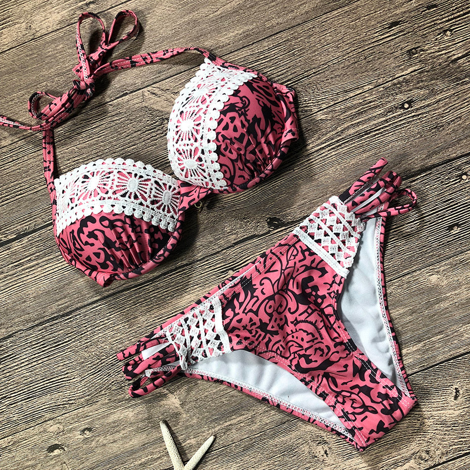 Women Sexy Swimwear Push up Swimsuit Female Bikini Halter Summer Beach Swimsuit Women Lace Bikini Set