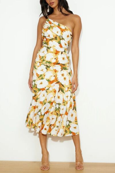 Ruched Printed Single Shoulder Midi Dress - Munsieur