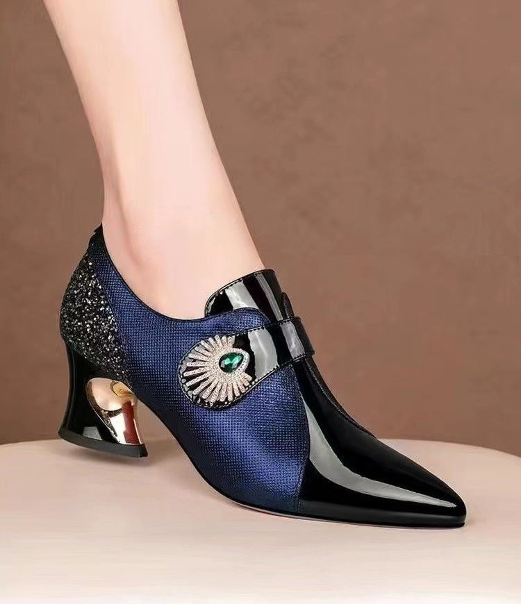 Women's Fashion Rhinestone Soft Leather Mid Heel Deep Mouth Pumps
